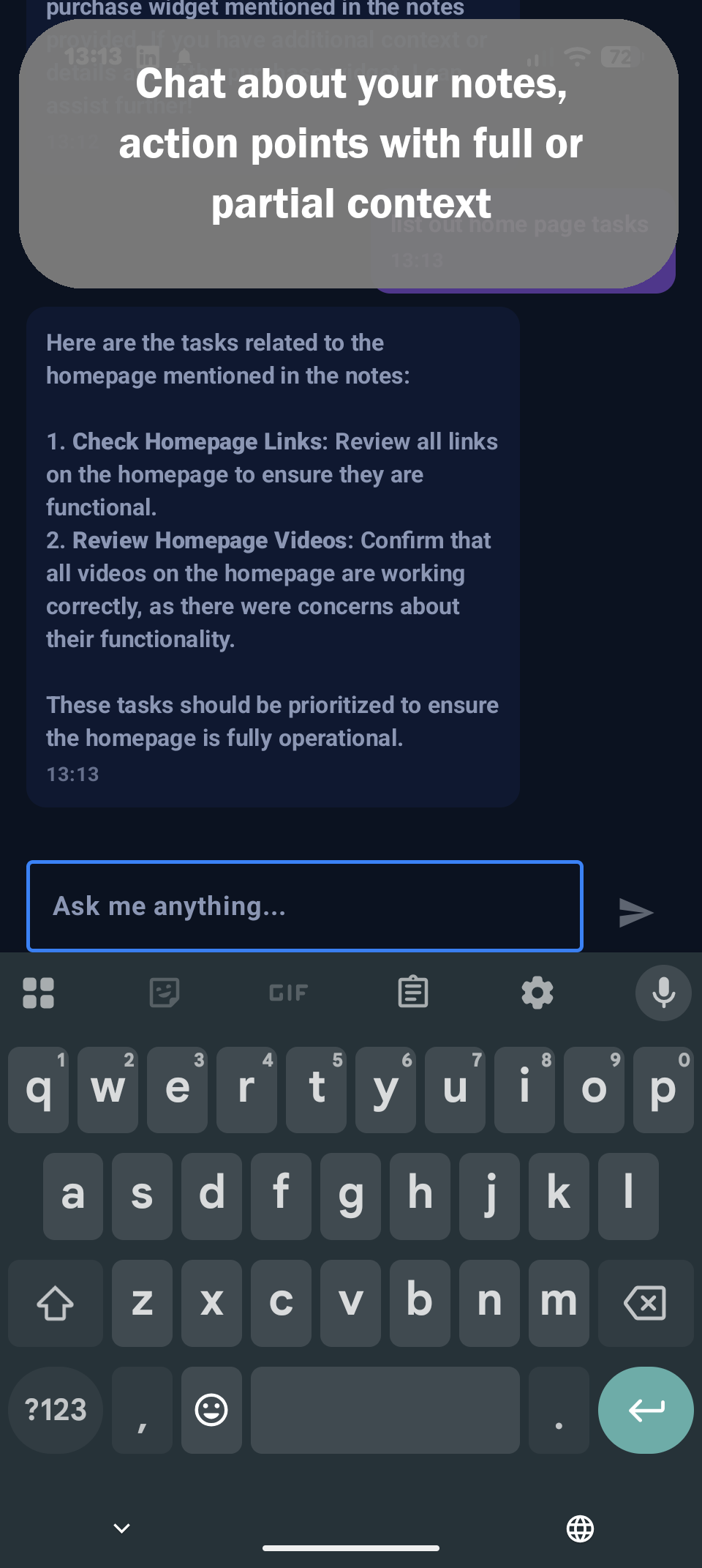 Chat screen answering a question grounded in the meeting notes